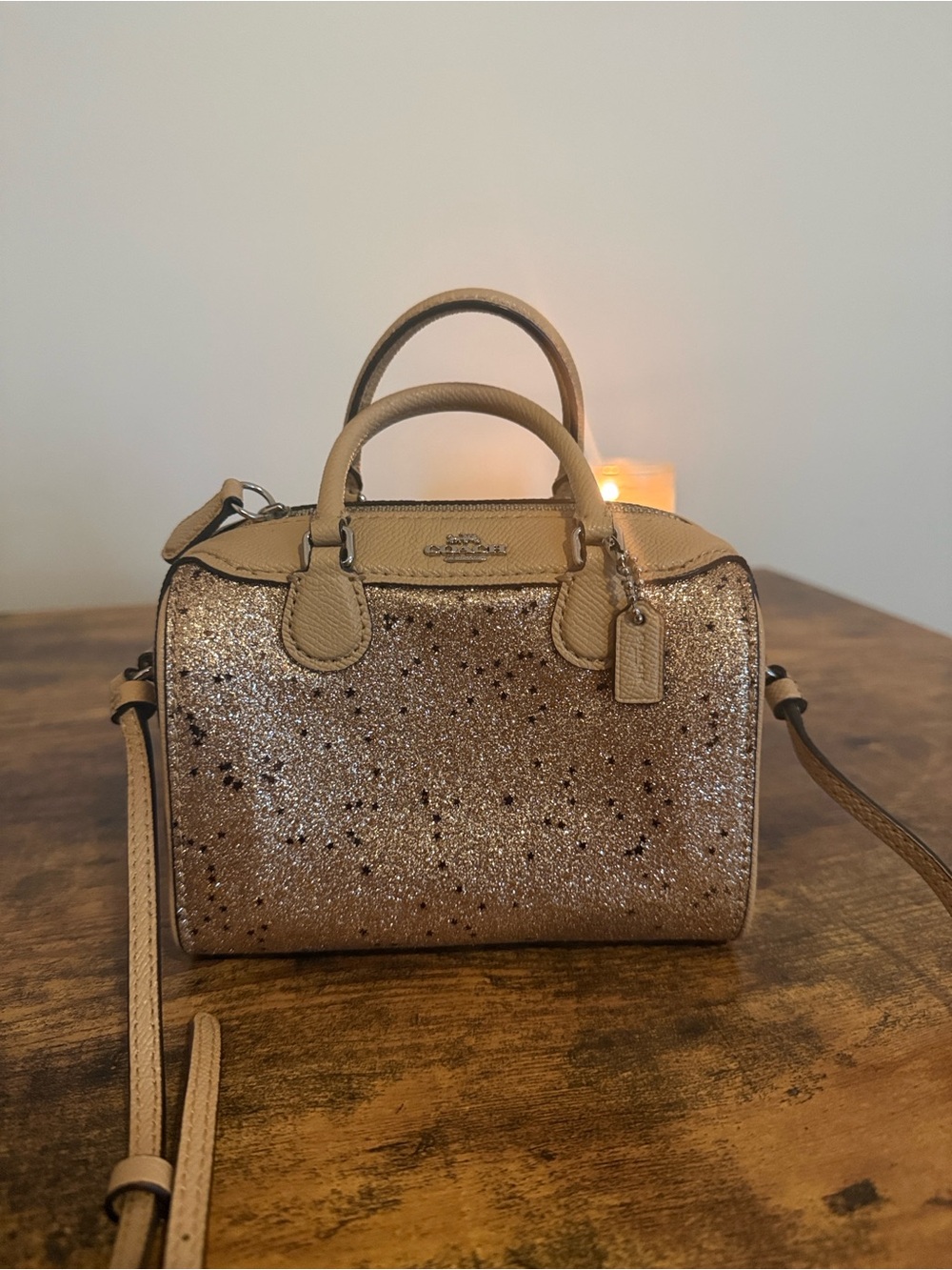 Coach Glitter Dome Satchel in Metallic Gold and Tan